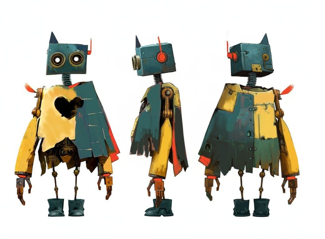 Le robot CLOC sous trois angles : tête carrée, manteau rapiécé bleu et jaune