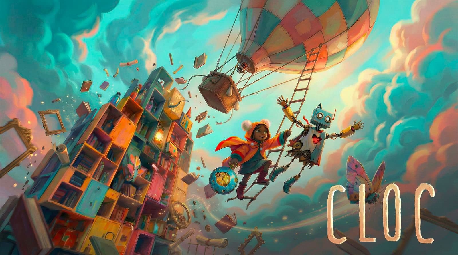 CLOC : un ciel turquoise, une montgolfière, une ville de livres