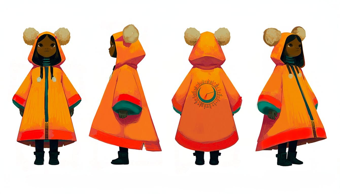 La Fillette de CLOC sous quatre angles : poncho orange, capuche à pompons