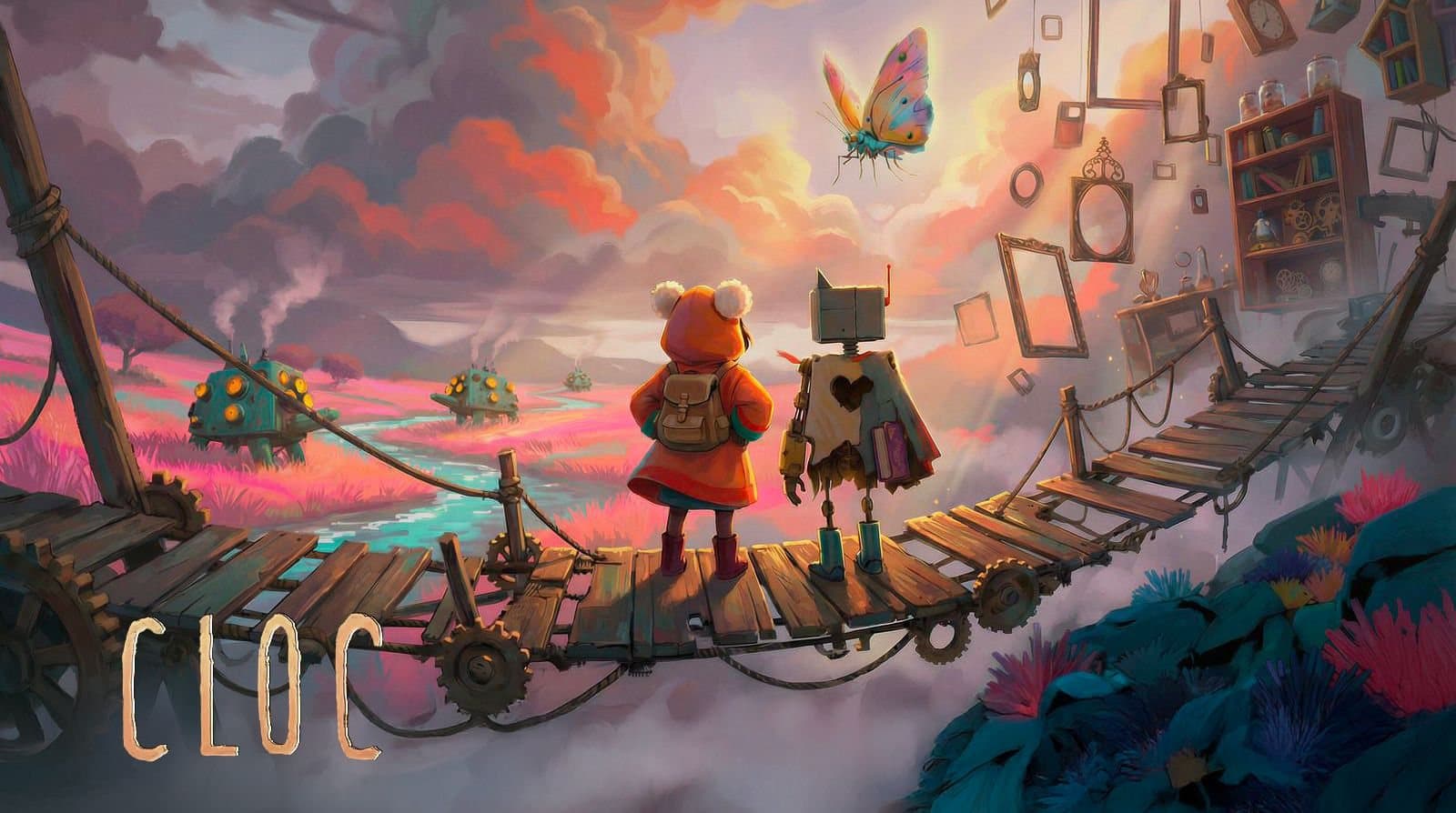 La Fillette en poncho orange et le robot CLOC sur un pont suspendu, devant un ciel de nuages roses