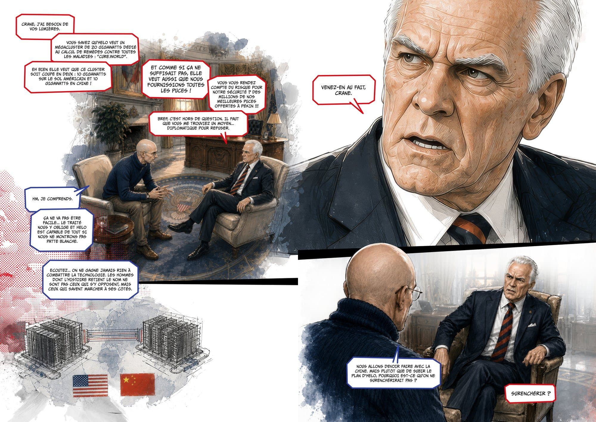 Planche 5 du tome 2 de HELO : dans le Bureau ovale, le président des États-Unis demande conseil à Augustin Crane