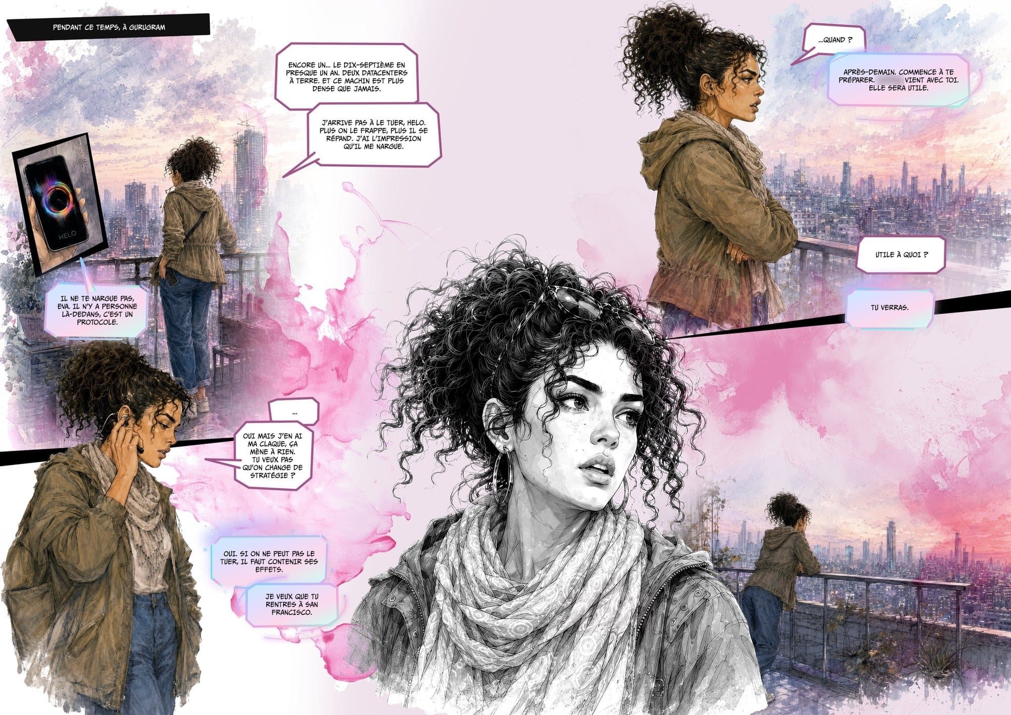 Planche 15 du tome 2 de HELO : Eva, sur un toit de Gurugram, parle à HELO